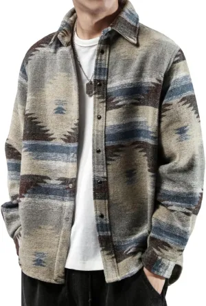 FindThy Mens Brushed Flannel Shirts Ethnic Aztec Print Button Up Lapel Tribal Shirt Jacket Shacket