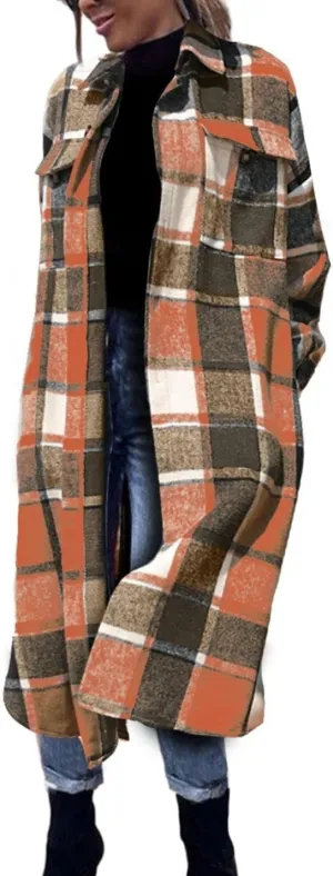 FindThy Womens Long Plaid Shacket Wool Blend Button Down Shirt Jacket Coat with Pockets