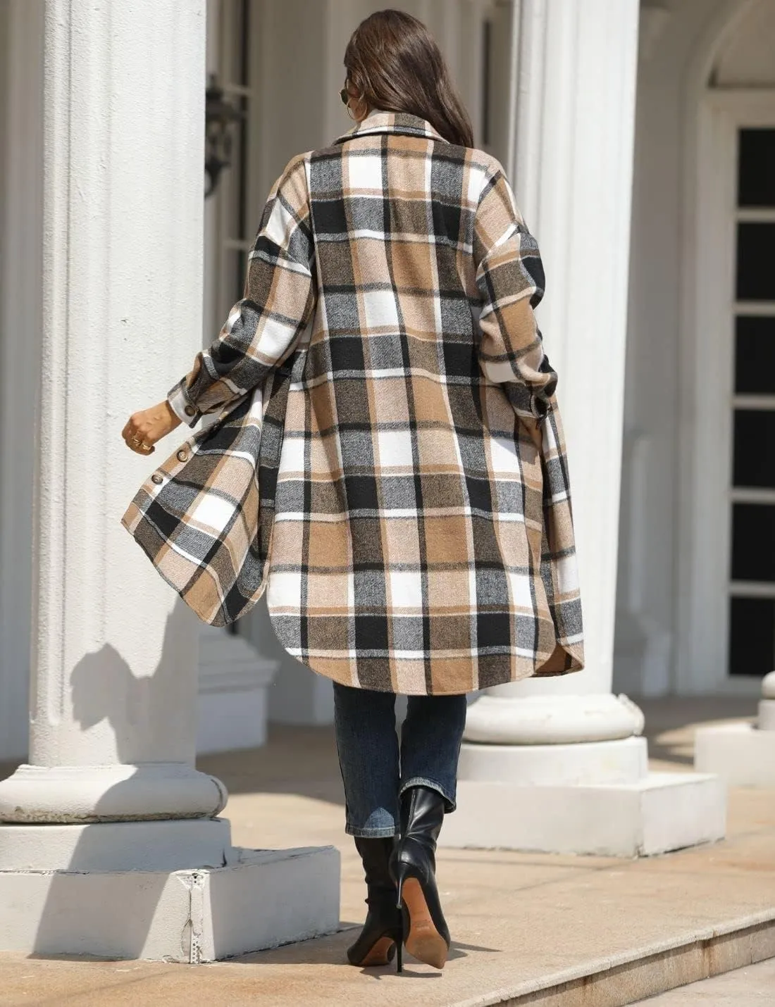 FindThy Womens Long Plaid Shacket Wool Blend Button Down Shirt Jacket Coat with Pockets