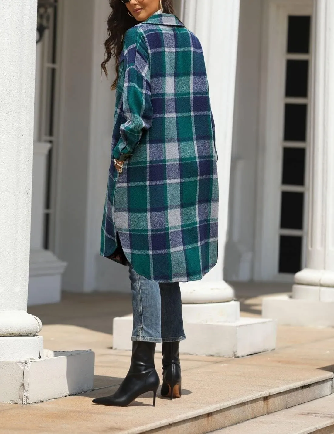 FindThy Womens Long Plaid Shacket Wool Blend Button Down Shirt Jacket Coat with Pockets