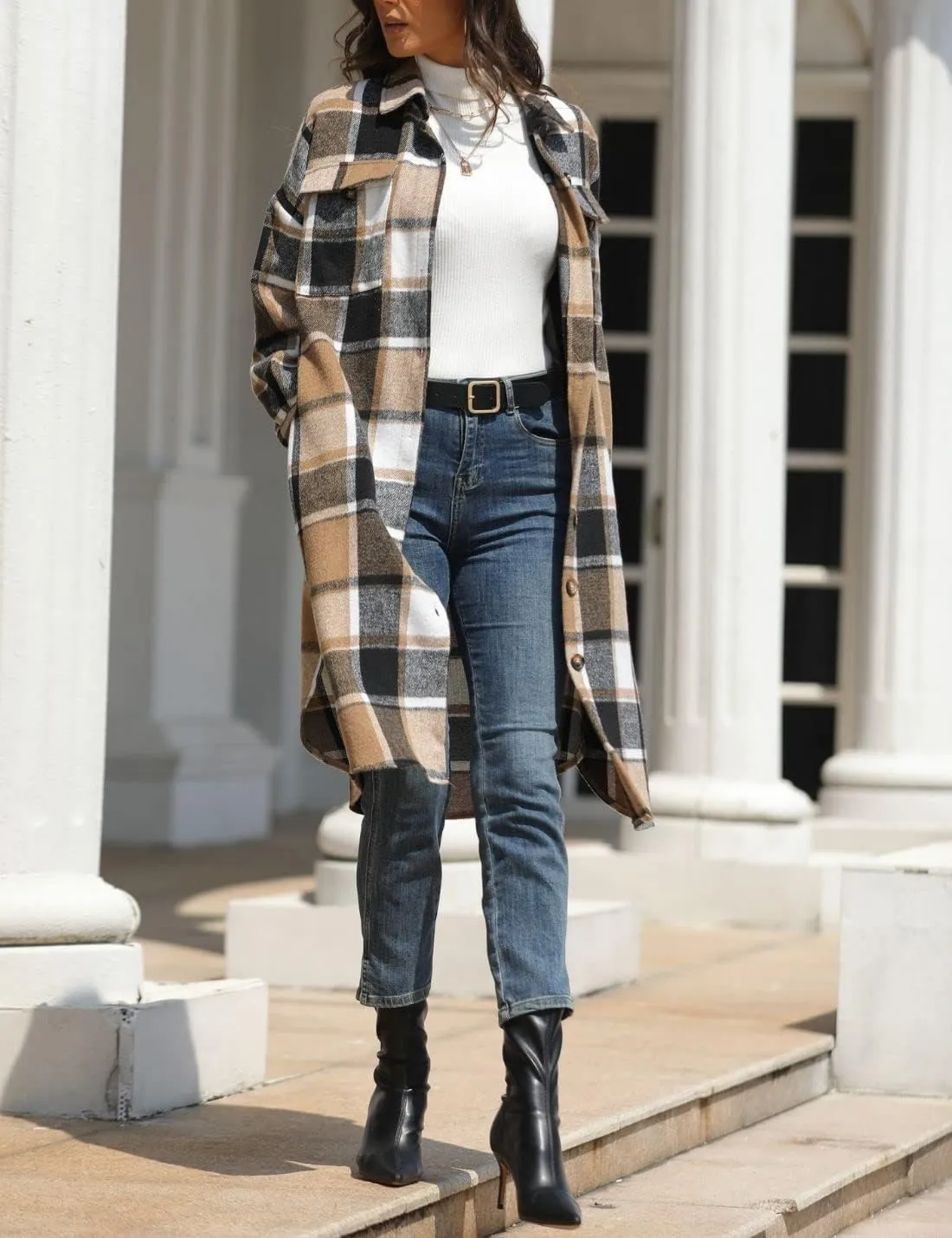 FindThy Womens Long Plaid Shacket Wool Blend Button Down Shirt Jacket Coat with Pockets