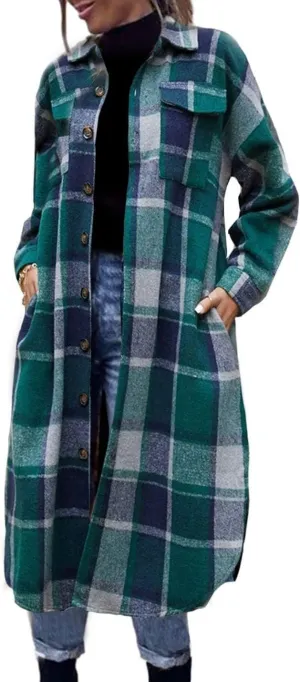 FindThy Womens Long Plaid Shacket Wool Blend Button Down Shirt Jacket Coat with Pockets