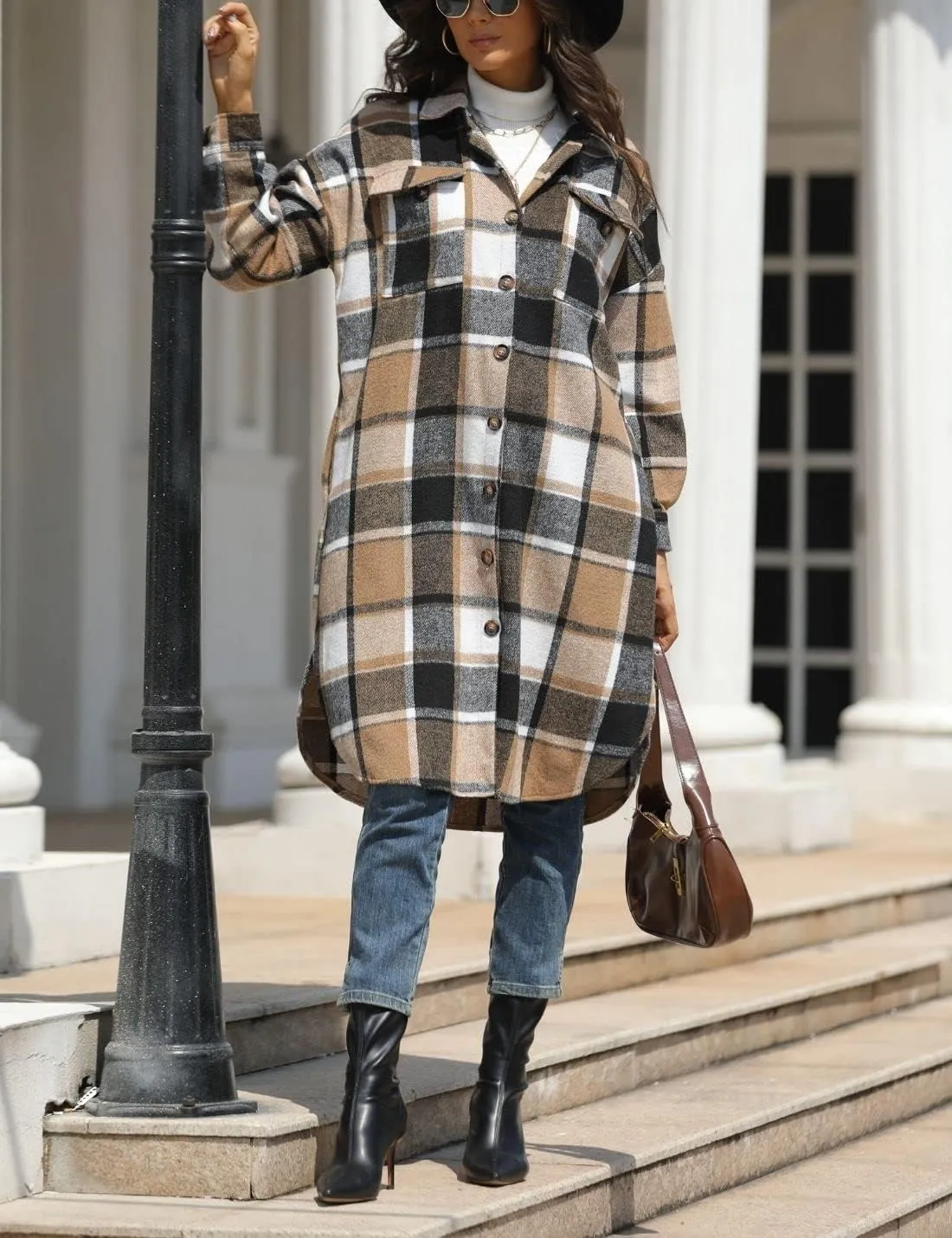 FindThy Womens Long Plaid Shacket Wool Blend Button Down Shirt Jacket Coat with Pockets