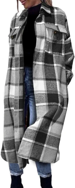 FindThy Womens Long Plaid Shacket Wool Blend Button Down Shirt Jacket Coat with Pockets