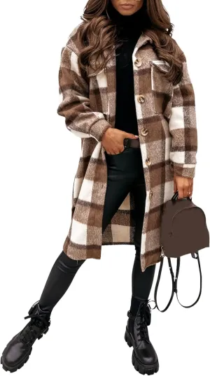 FindThy Womens Long Plaid Shacket Wool Blend Button Down Shirt Jacket Coat with Pockets