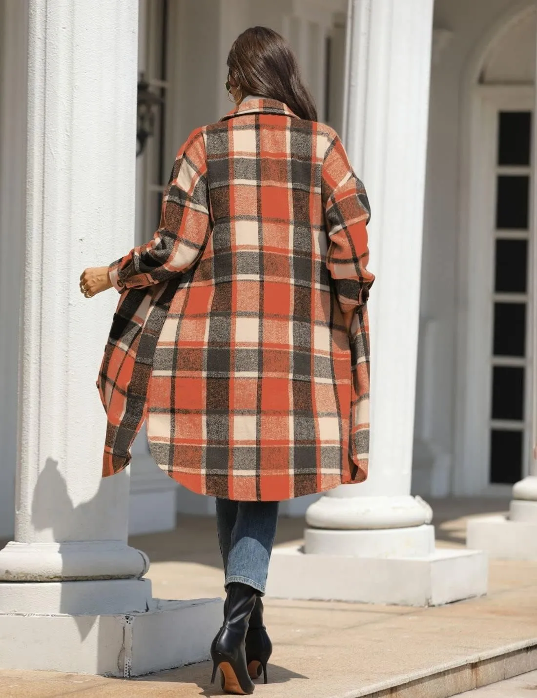FindThy Womens Long Plaid Shacket Wool Blend Button Down Shirt Jacket Coat with Pockets