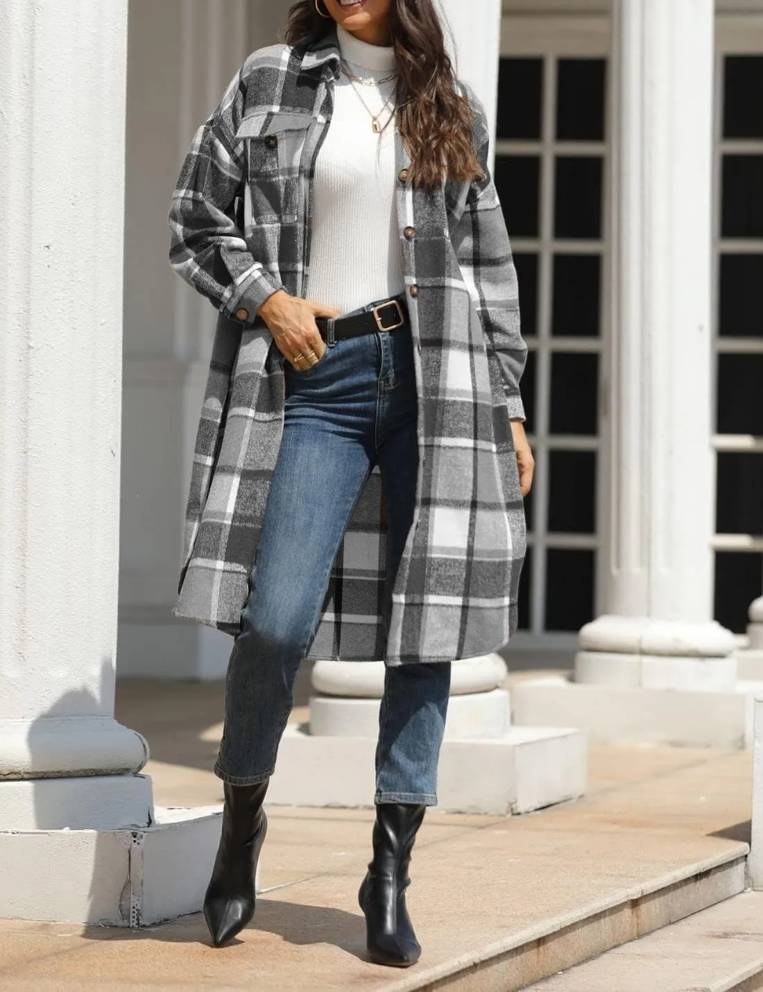 FindThy Womens Long Plaid Shacket Wool Blend Button Down Shirt Jacket Coat with Pockets