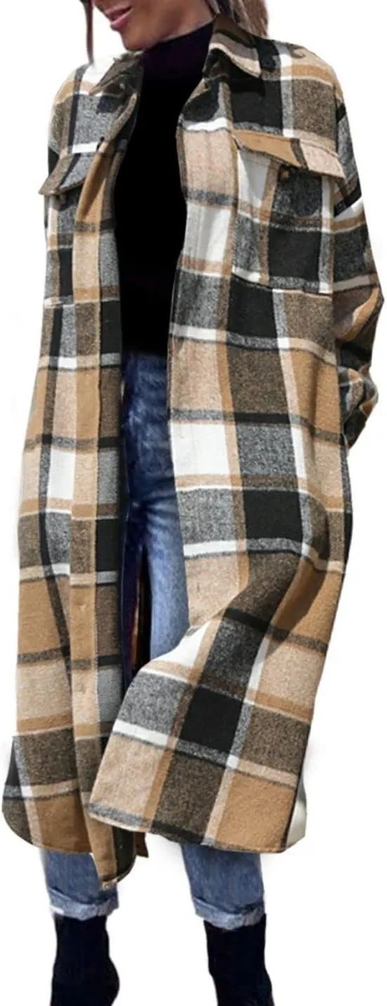 FindThy Womens Long Plaid Shacket Wool Blend Button Down Shirt Jacket Coat with Pockets