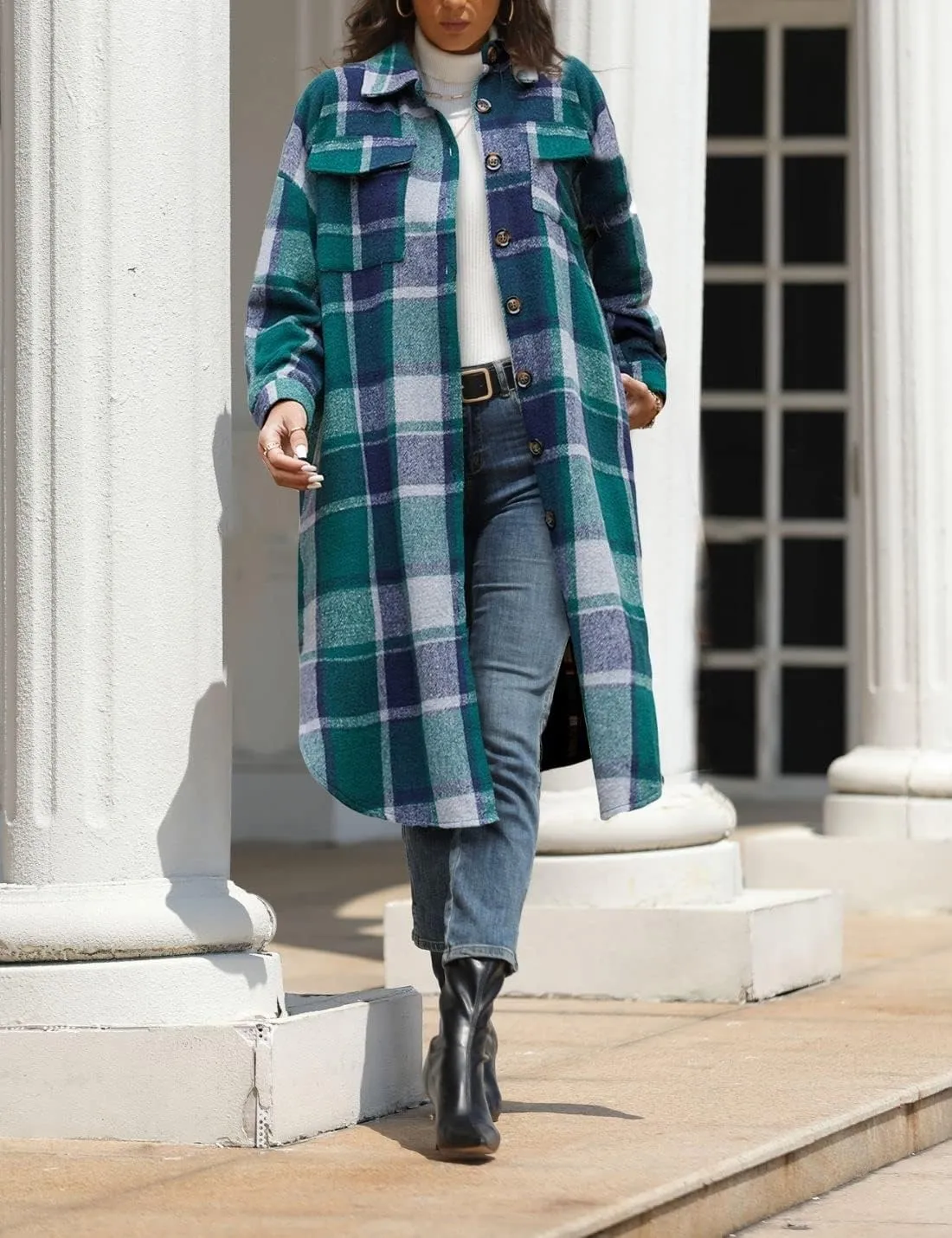 FindThy Womens Long Plaid Shacket Wool Blend Button Down Shirt Jacket Coat with Pockets