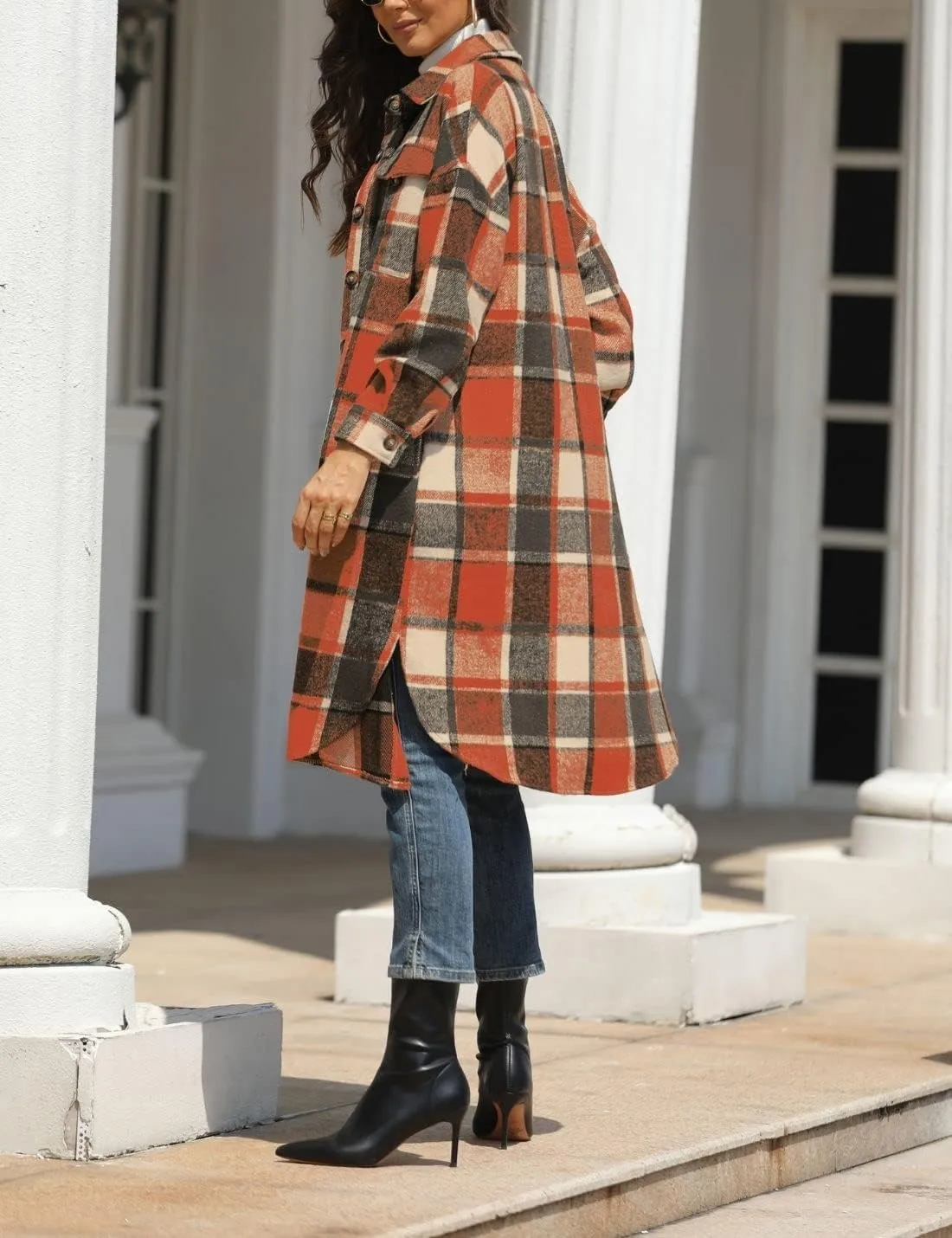 FindThy Womens Long Plaid Shacket Wool Blend Button Down Shirt Jacket Coat with Pockets