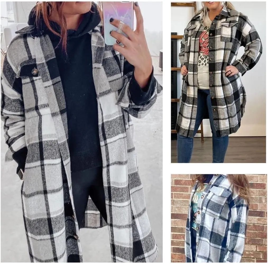 FindThy Womens Long Plaid Shacket Wool Blend Button Down Shirt Jacket Coat with Pockets