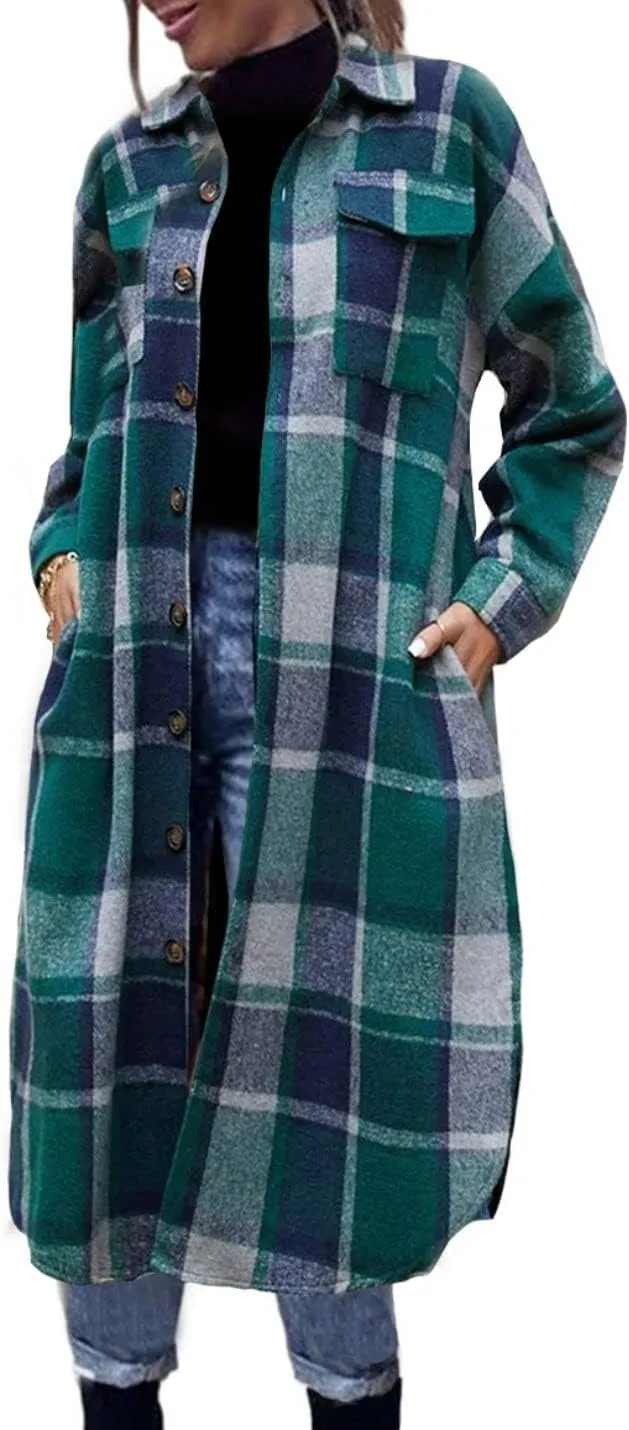FindThy Womens Long Plaid Shacket Wool Blend Button Down Shirt Jacket Coat with Pockets