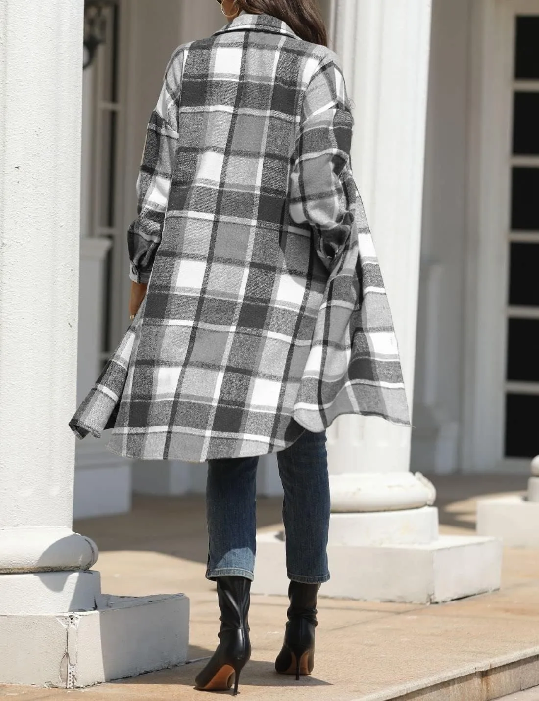 FindThy Womens Long Plaid Shacket Wool Blend Button Down Shirt Jacket Coat with Pockets