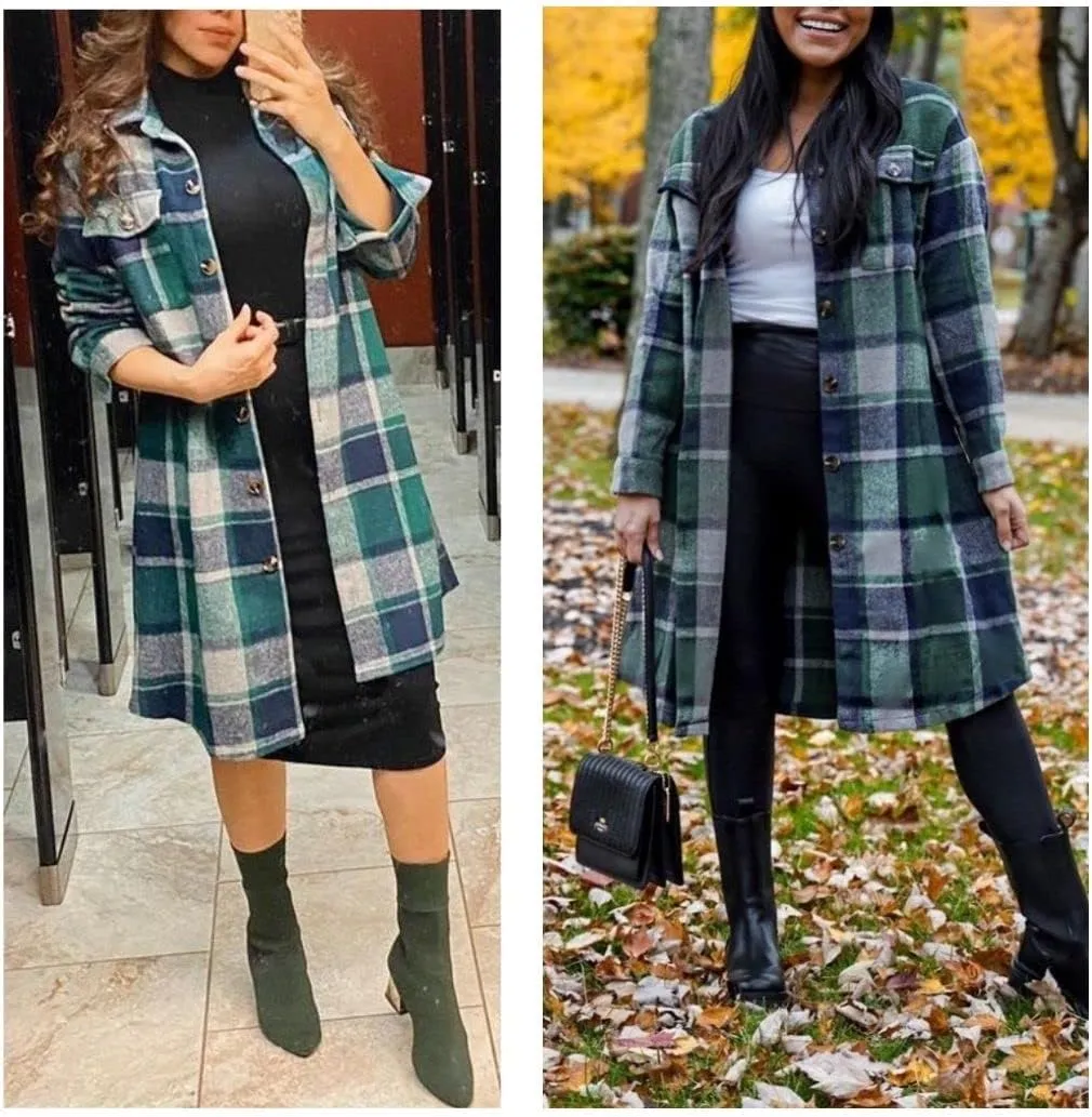 FindThy Womens Long Plaid Shacket Wool Blend Button Down Shirt Jacket Coat with Pockets