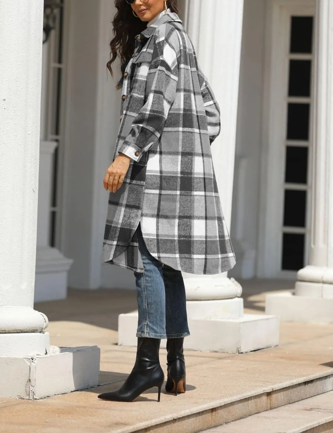 FindThy Womens Long Plaid Shacket Wool Blend Button Down Shirt Jacket Coat with Pockets