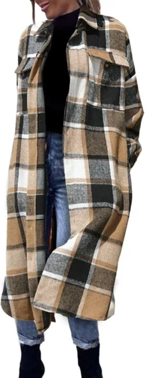 FindThy Womens Long Plaid Shacket Wool Blend Button Down Shirt Jacket Coat with Pockets