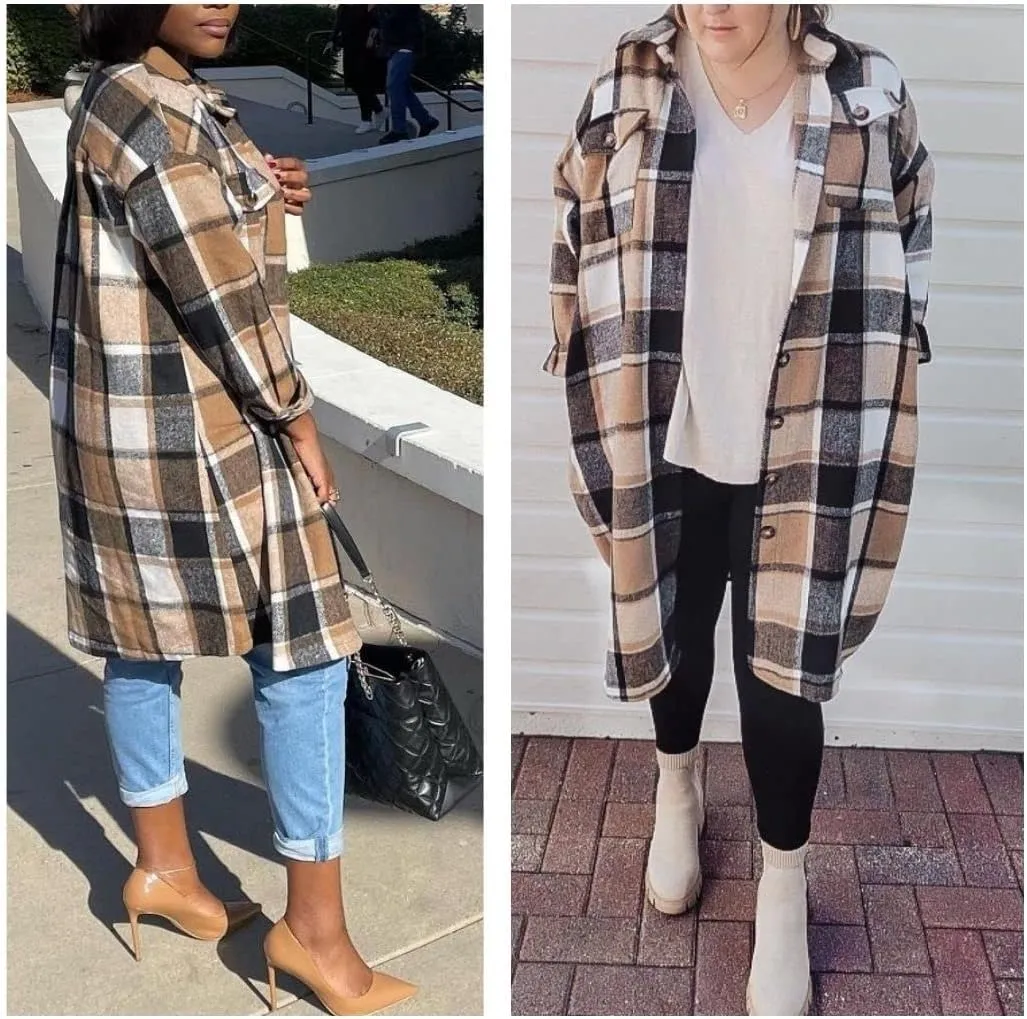 FindThy Womens Long Plaid Shacket Wool Blend Button Down Shirt Jacket Coat with Pockets