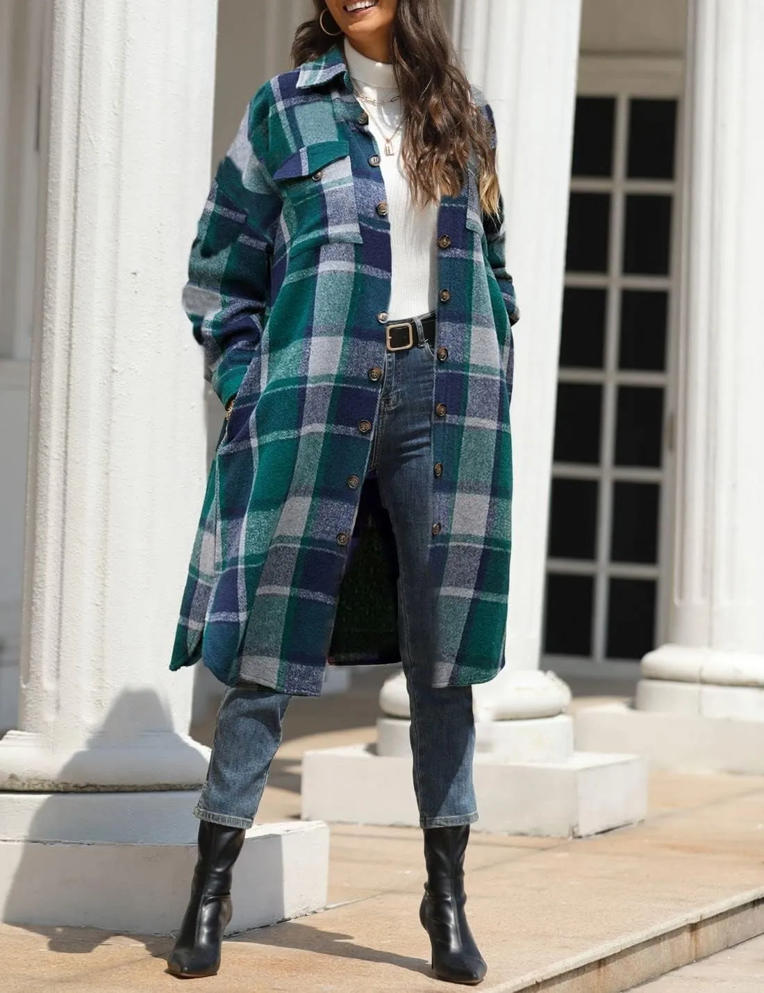 FindThy Womens Long Plaid Shacket Wool Blend Button Down Shirt Jacket Coat with Pockets