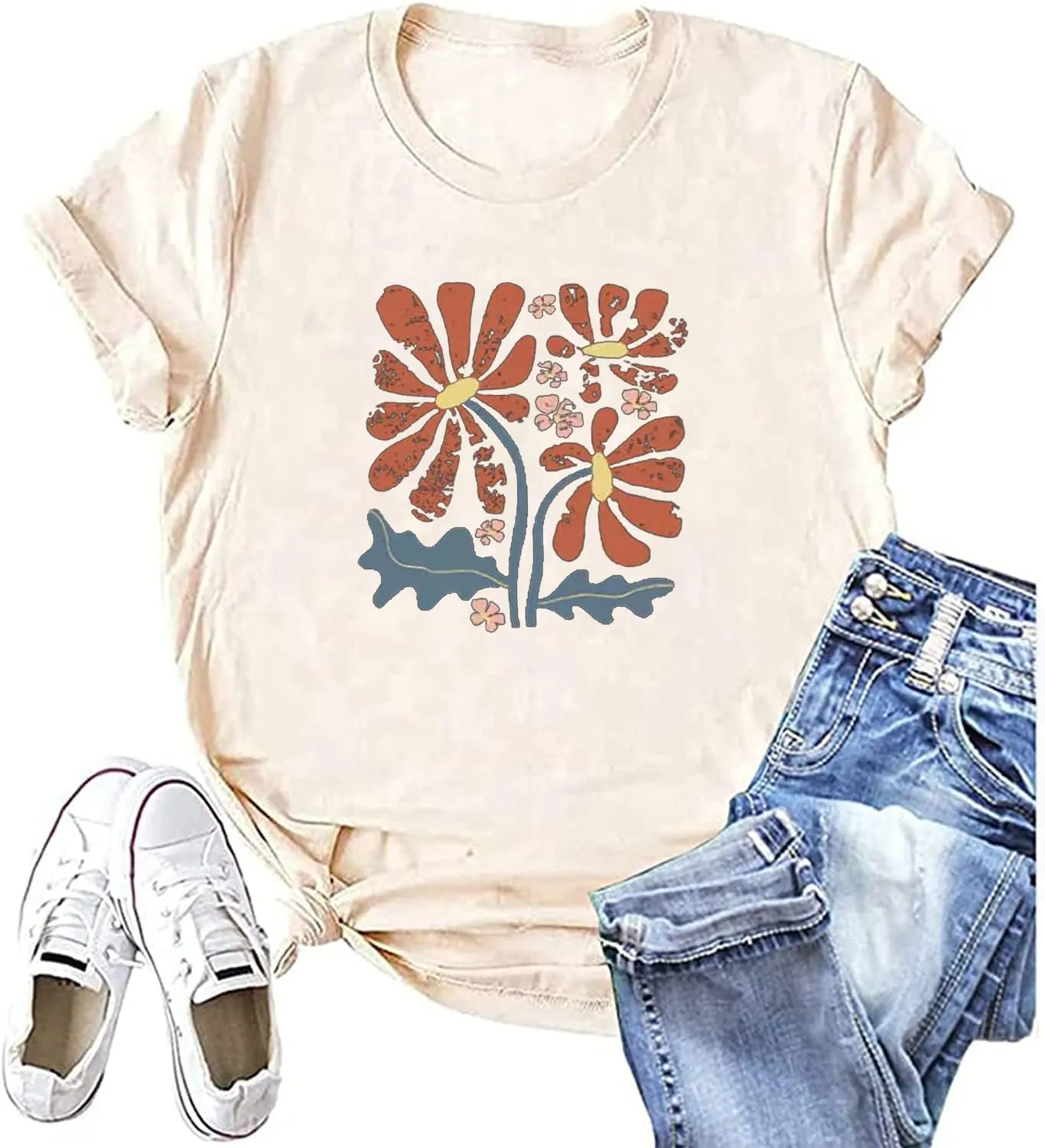 Floral Graphic Shirt Women Boho Wildflowers Tee Vintage Flower Tshirt Round Neck Loose Casual Short Sleeve Tops