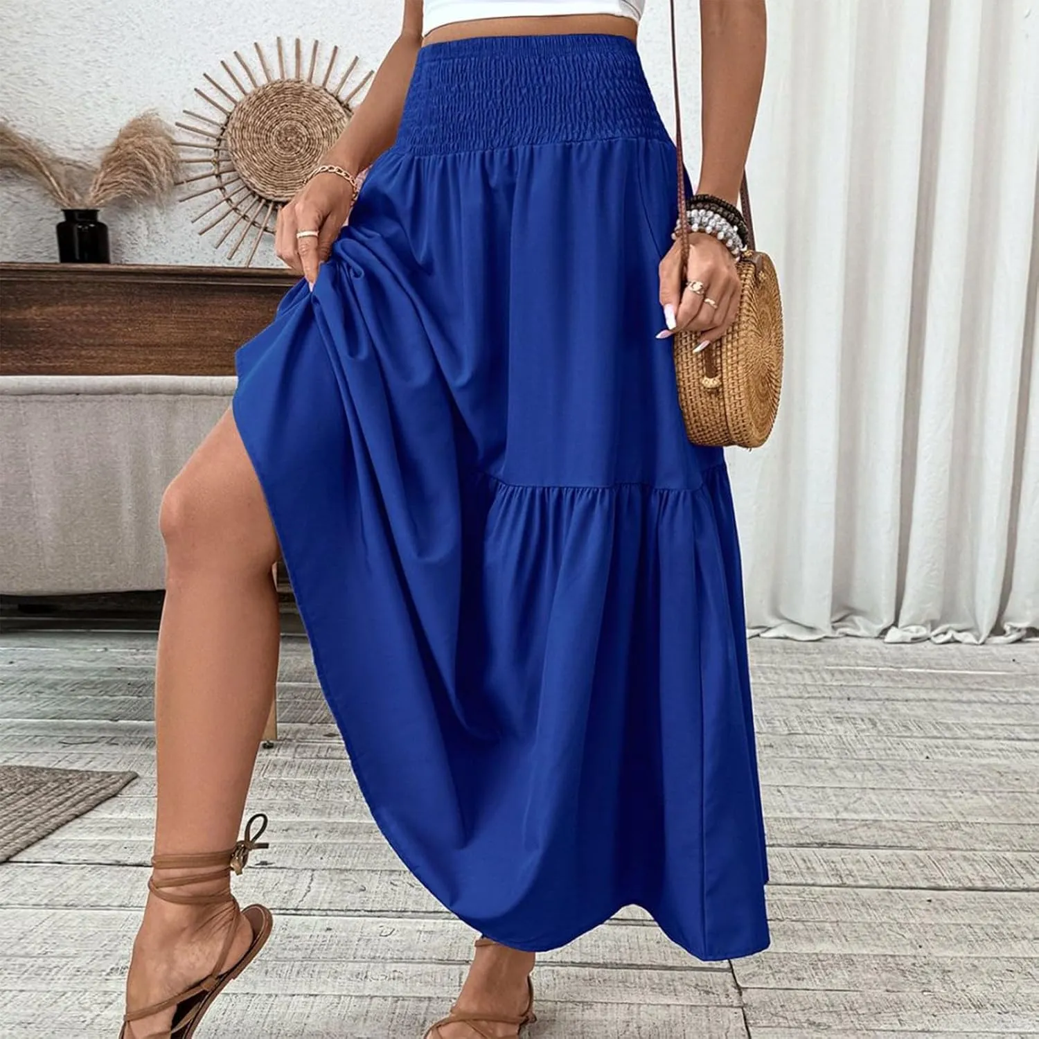 Floral Skirts for Women Summer Loose Casual Trendy Solid Elastic Waist Lightweight Boho Flowy Maxi Skirt, S-XL