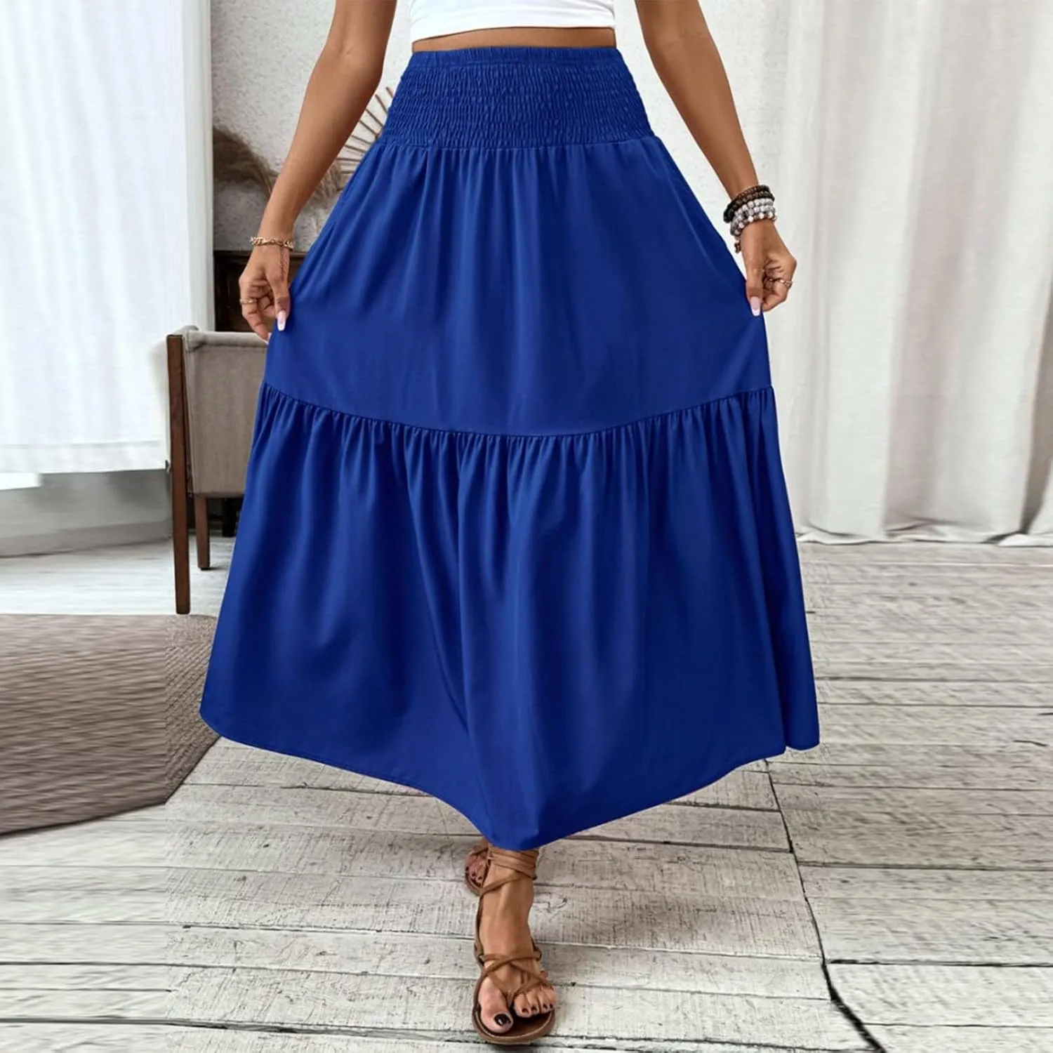 Floral Skirts for Women Summer Loose Casual Trendy Solid Elastic Waist Lightweight Boho Flowy Maxi Skirt, S-XL
