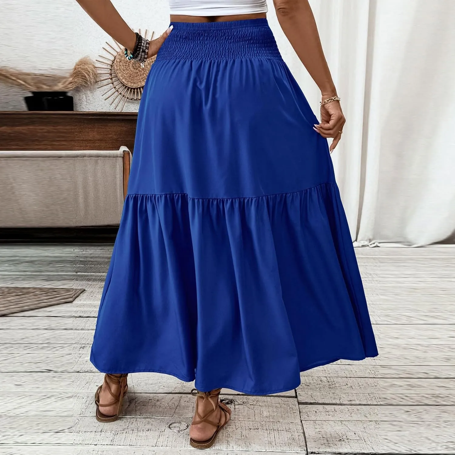 Floral Skirts for Women Summer Loose Casual Trendy Solid Elastic Waist Lightweight Boho Flowy Maxi Skirt, S-XL