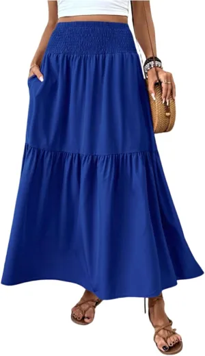 Floral Skirts for Women Summer Loose Casual Trendy Solid Elastic Waist Lightweight Boho Flowy Maxi Skirt, S-XL