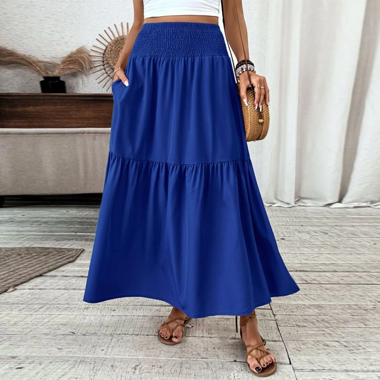 Floral Skirts for Women Summer Loose Casual Trendy Solid Elastic Waist Lightweight Boho Flowy Maxi Skirt, S-XL