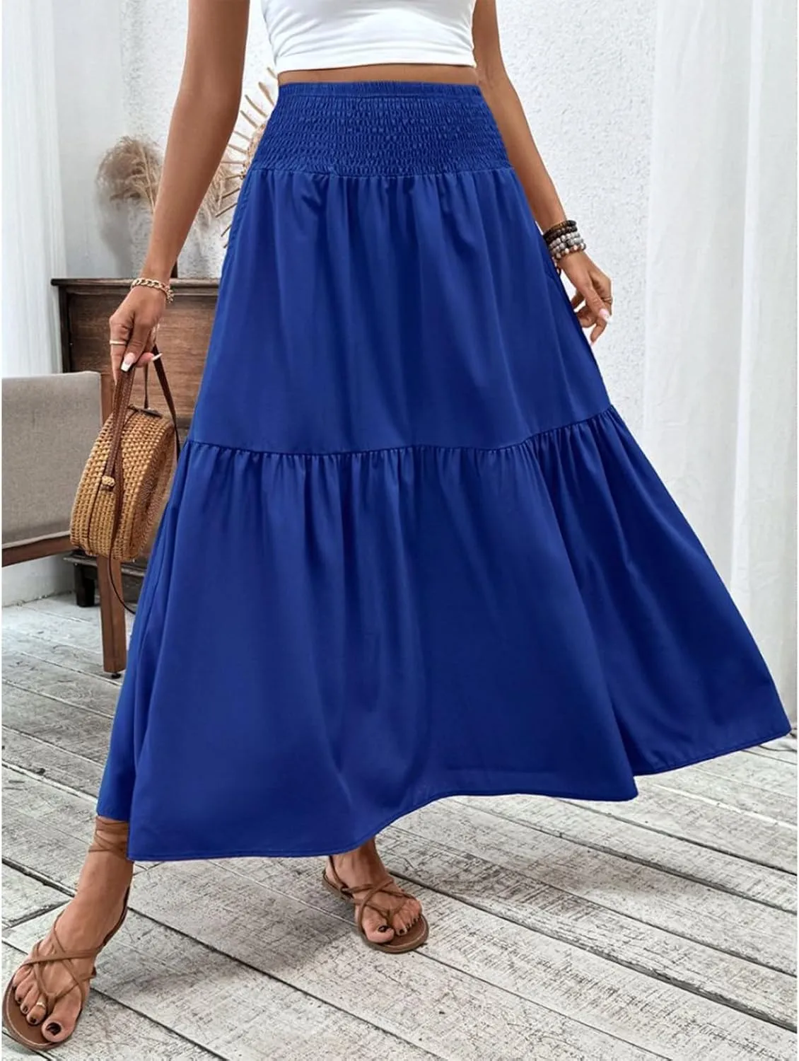 Floral Skirts for Women Summer Loose Casual Trendy Solid Elastic Waist Lightweight Boho Flowy Maxi Skirt, S-XL
