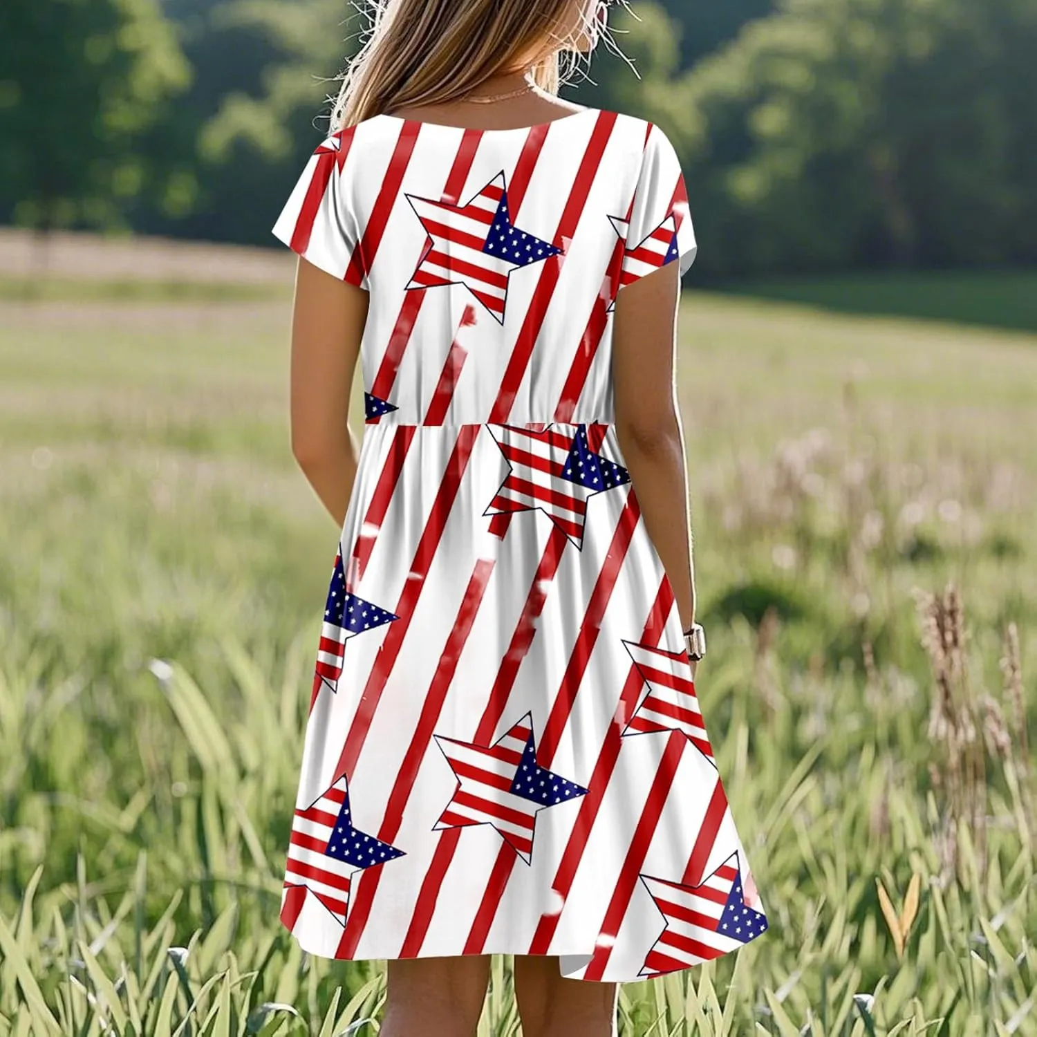Fourth of July Dresses Trendy Casual Loose Flowy Ruffle Patriotic Dress Short Sleeve Round Neck Flag Print Midi Dresses