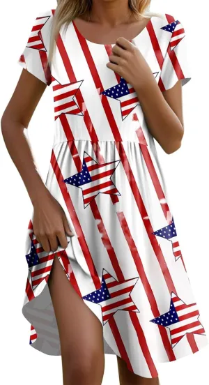 Fourth of July Dresses Trendy Casual Loose Flowy Ruffle Patriotic Dress Short Sleeve Round Neck Flag Print Midi Dresses