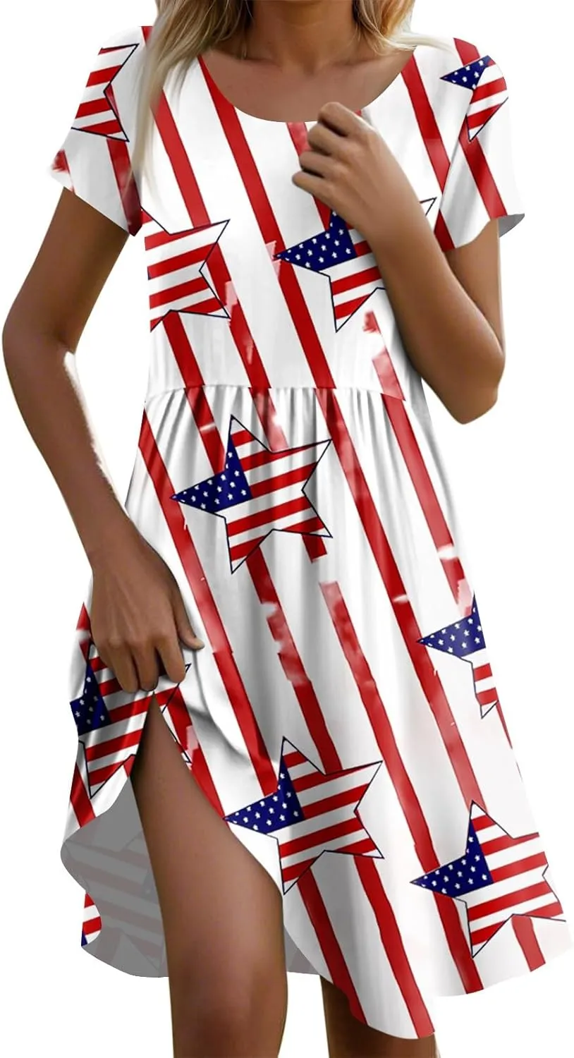 Fourth of July Dresses Trendy Casual Loose Flowy Ruffle Patriotic Dress Short Sleeve Round Neck Flag Print Midi Dresses