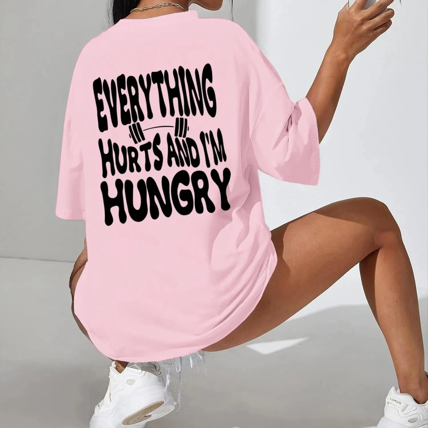 Funny Workout Gym Shirts Women Oversized Weightlifting Graphic Tshirt Everything Hurts and I'm Hungry Tee Tops
