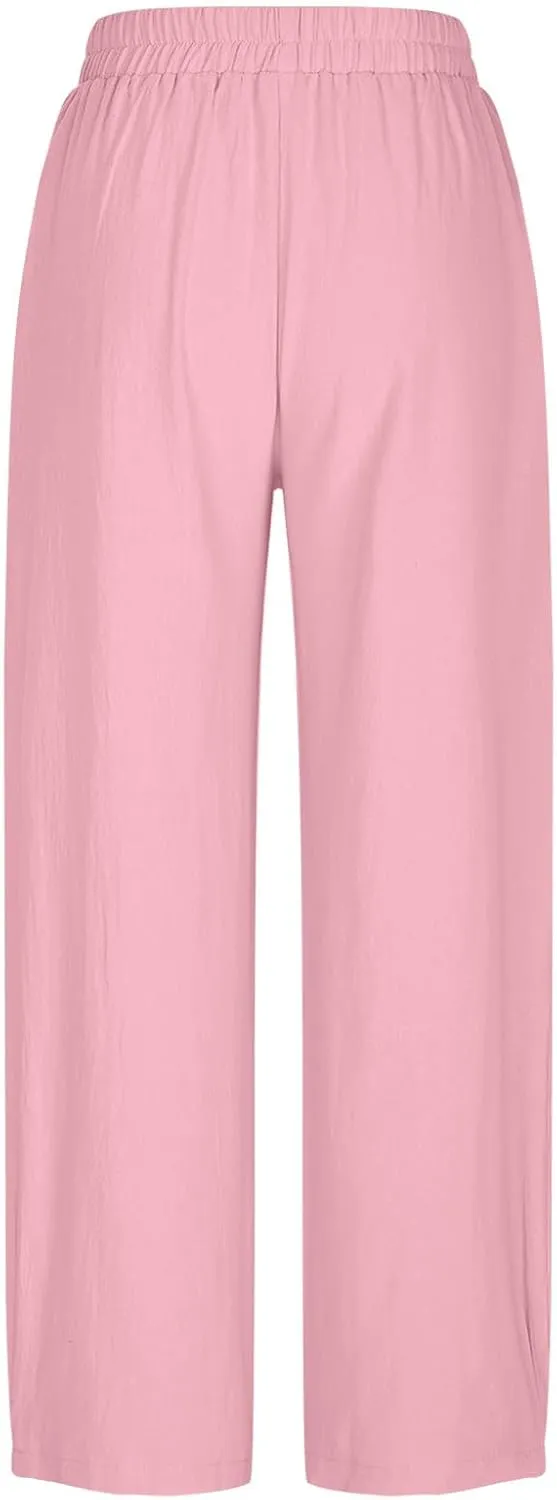 FZYLQY 2025 Womens Linen Pants Wide Leg Casual Elastic High Waisted Palazzo Pants Lounge Beach Summer Trousers with Pockets