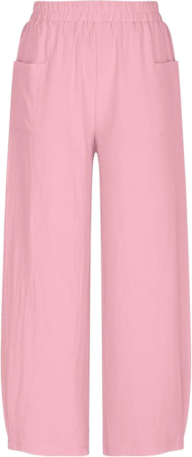 FZYLQY 2025 Womens Linen Pants Wide Leg Casual Elastic High Waisted Palazzo Pants Lounge Beach Summer Trousers with Pockets