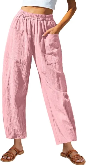FZYLQY 2025 Womens Linen Pants Wide Leg Casual Elastic High Waisted Palazzo Pants Lounge Beach Summer Trousers with Pockets