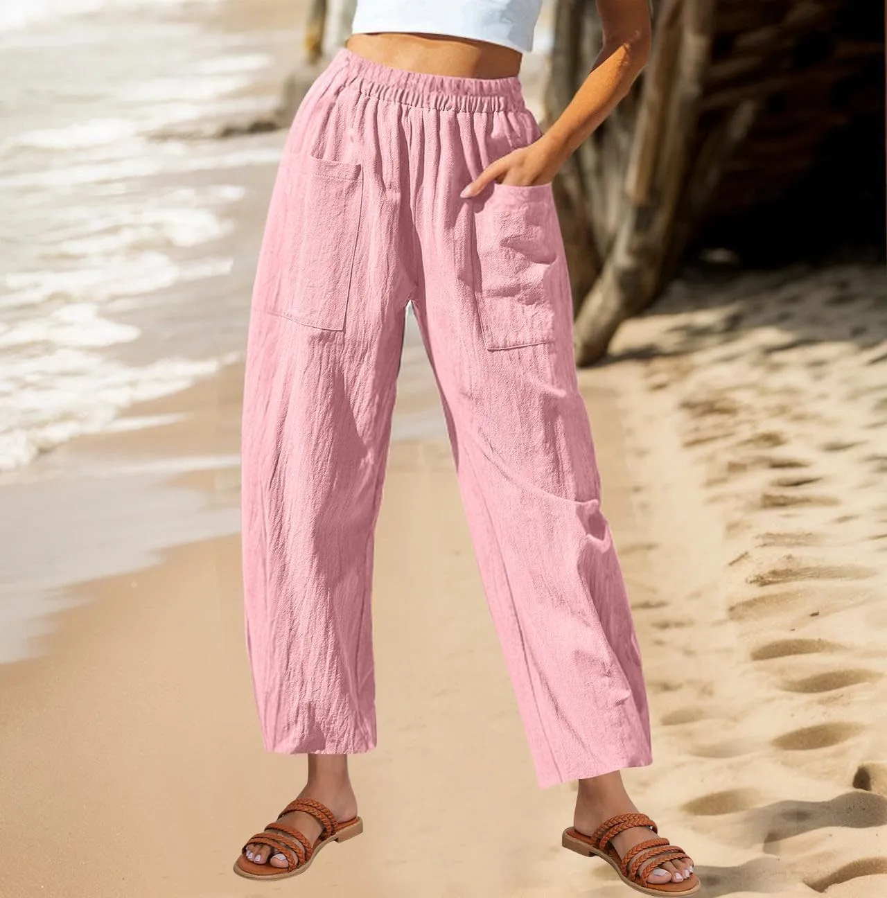 FZYLQY 2025 Womens Linen Pants Wide Leg Casual Elastic High Waisted Palazzo Pants Lounge Beach Summer Trousers with Pockets