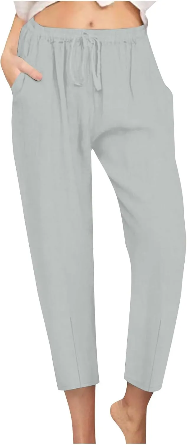 FZYLQY Cotton Linen Pants for Women 2025 Trendy Beach Pants Straight Fit Elastic Waisted Drawsting Trousers with Pockets