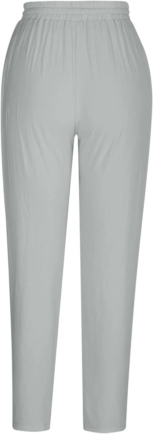FZYLQY Cotton Linen Pants for Women 2025 Trendy Beach Pants Straight Fit Elastic Waisted Drawsting Trousers with Pockets