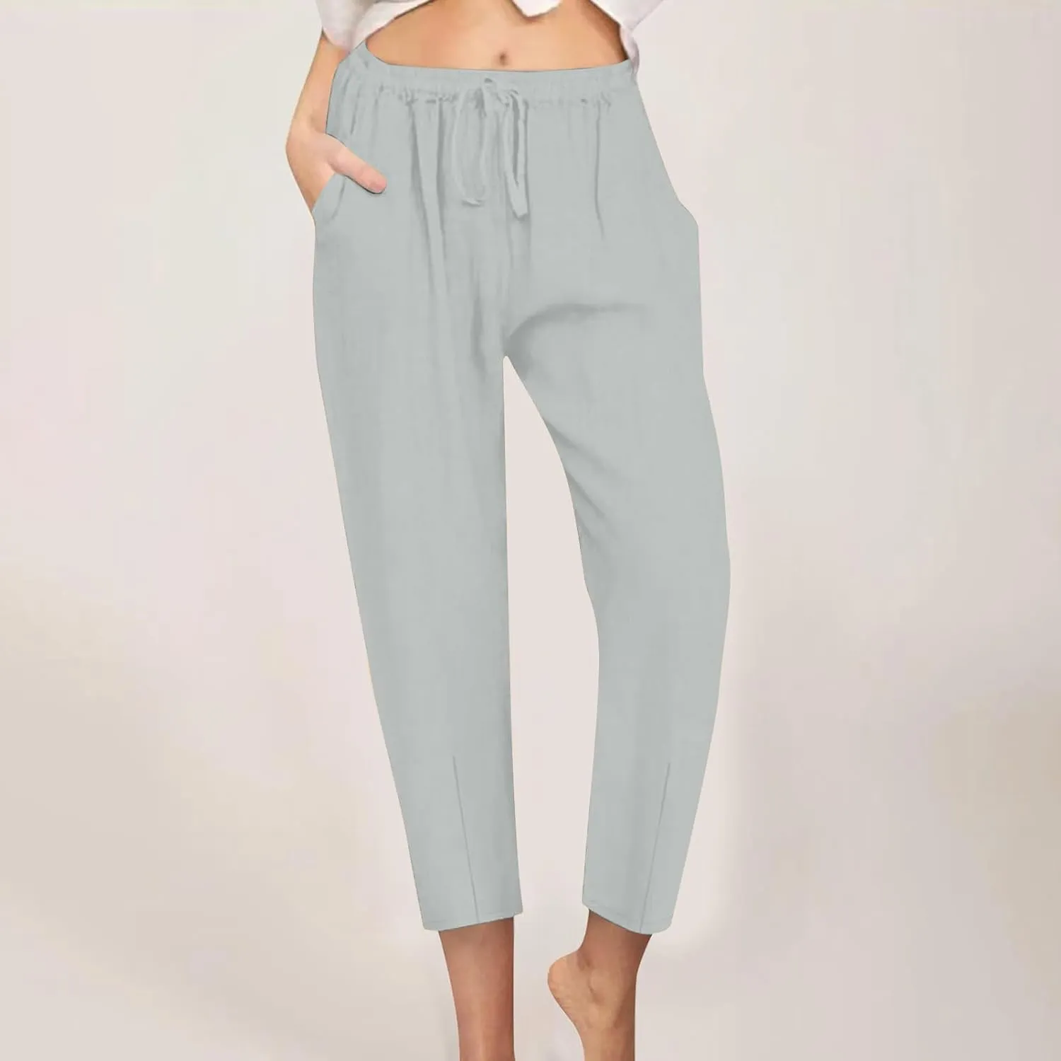FZYLQY Cotton Linen Pants for Women 2025 Trendy Beach Pants Straight Fit Elastic Waisted Drawsting Trousers with Pockets