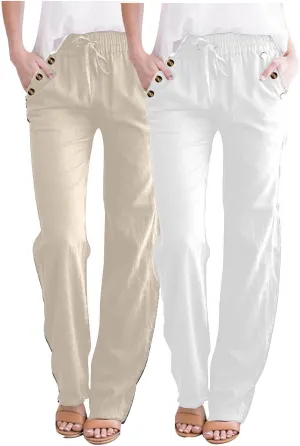 FZYLQY Ladies Linen Straight Leg Trousers High Rise Drawstring Button Pocket Pants Lightweight Slacks for Summer 2025