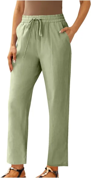 FZYLQY Womens Casual Cotton Linen Pants Summer Drawstring Elastic Waist Solid Plus Size Lounge Long Trousers with Pockets