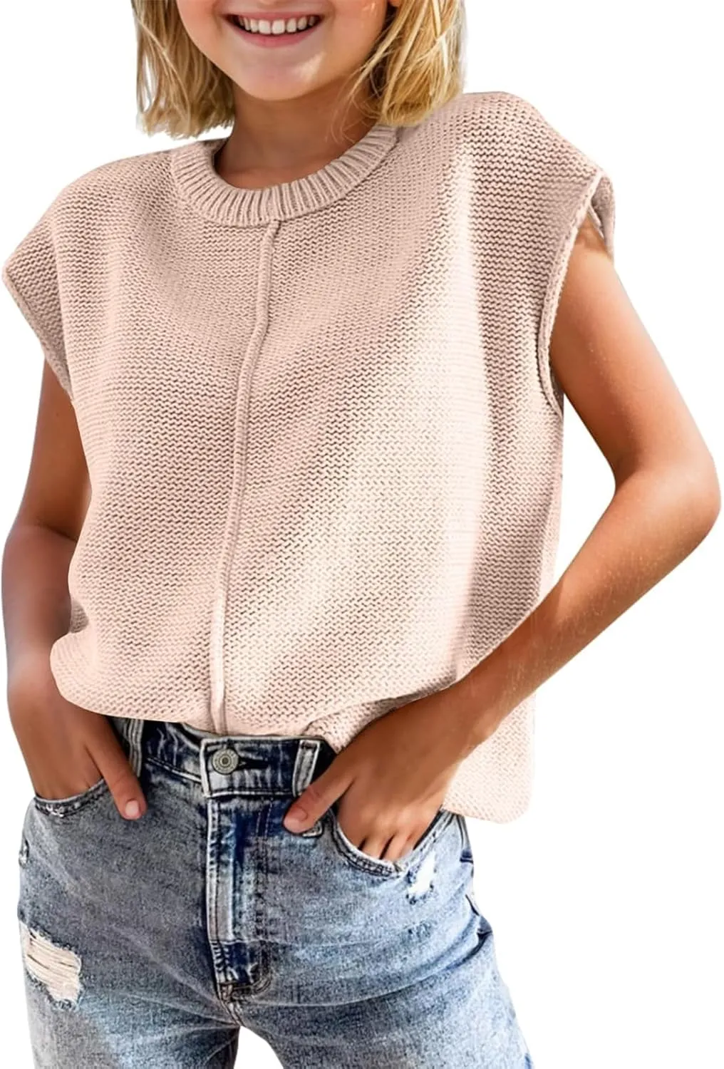 Girls Summer Cap Sleeve Tops Cute Casual Crew Neck Loose Knit Lightweight Teen Vests Fashion Shirts Tee Tops