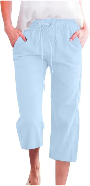 GOKKILRW Womens Linen Summer Capri Pants Casual Beach Capris Drawstring High Waist Pants Wide Leg Cropped Trousers Joggers