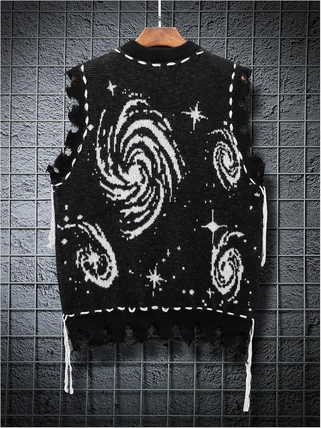 GORGLITTER Men's Graphic Pattern Distressed Raw Trim Sweater Vest Sleeveless Crewneck Knit Top