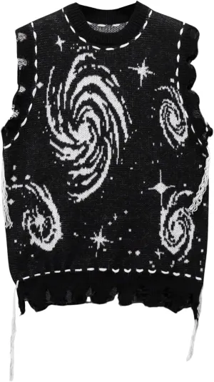 GORGLITTER Men's Graphic Pattern Distressed Raw Trim Sweater Vest Sleeveless Crewneck Knit Top