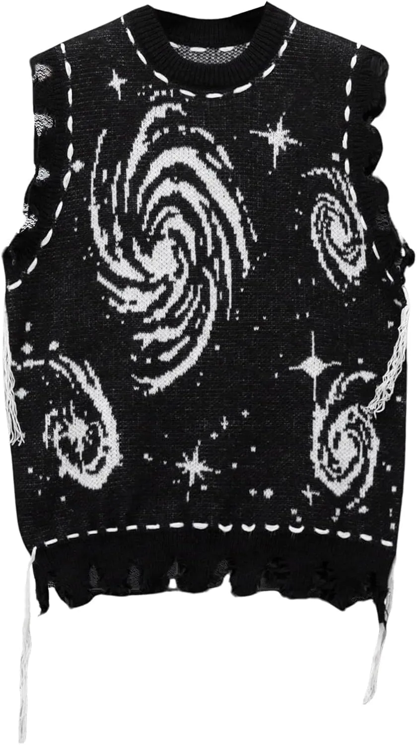 GORGLITTER Men's Graphic Pattern Distressed Raw Trim Sweater Vest Sleeveless Crewneck Knit Top