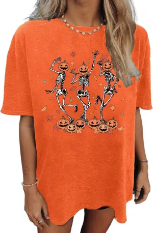 Halloween Oversized T-Shirt for Women Fall Spooky Skull Graphic Top Vintage Horror Dancing Skeleton Pumpkin Tee Girls Gift