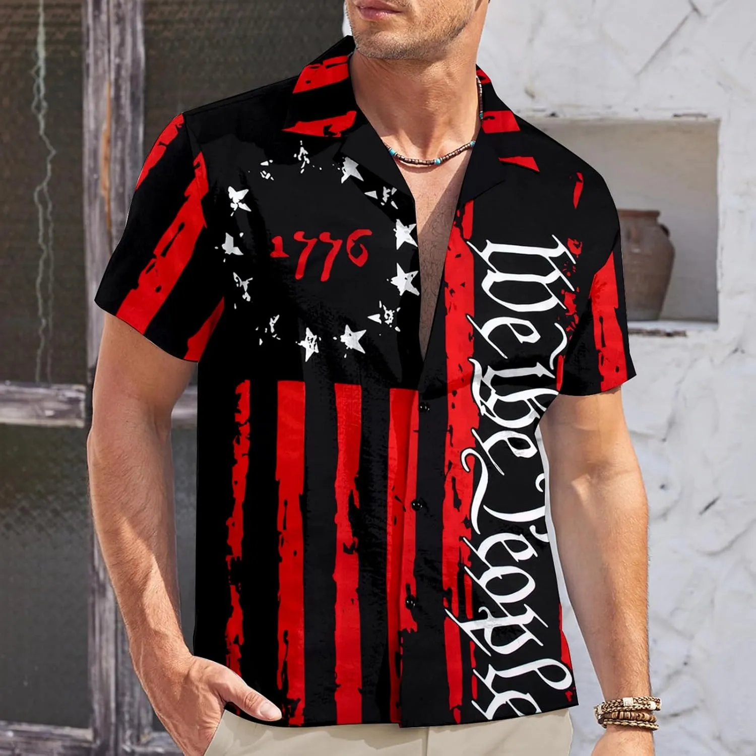 Hawaiian Shirt for Men We The People American 1776 Shirts American Flag Patriotic Memorial Day Button Up Tops