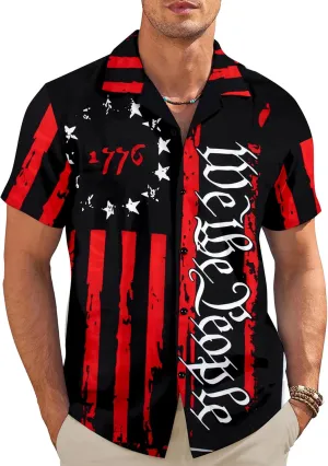 Hawaiian Shirt for Men We The People American 1776 Shirts American Flag Patriotic Memorial Day Button Up Tops
